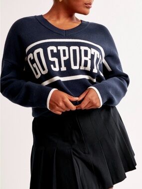 Abercrombie & Fitch Navy and White 'GO SPORTS' Crew Sweater